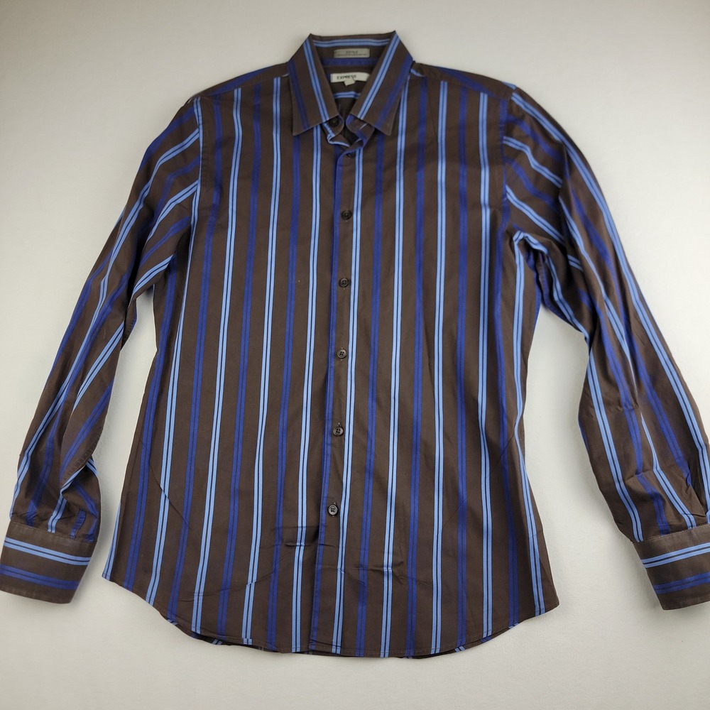 Express 1MX Fitted Shirt Mens Medium Brown Blue Vertical Stripe Stretch Cotton - Picture 2 of 7